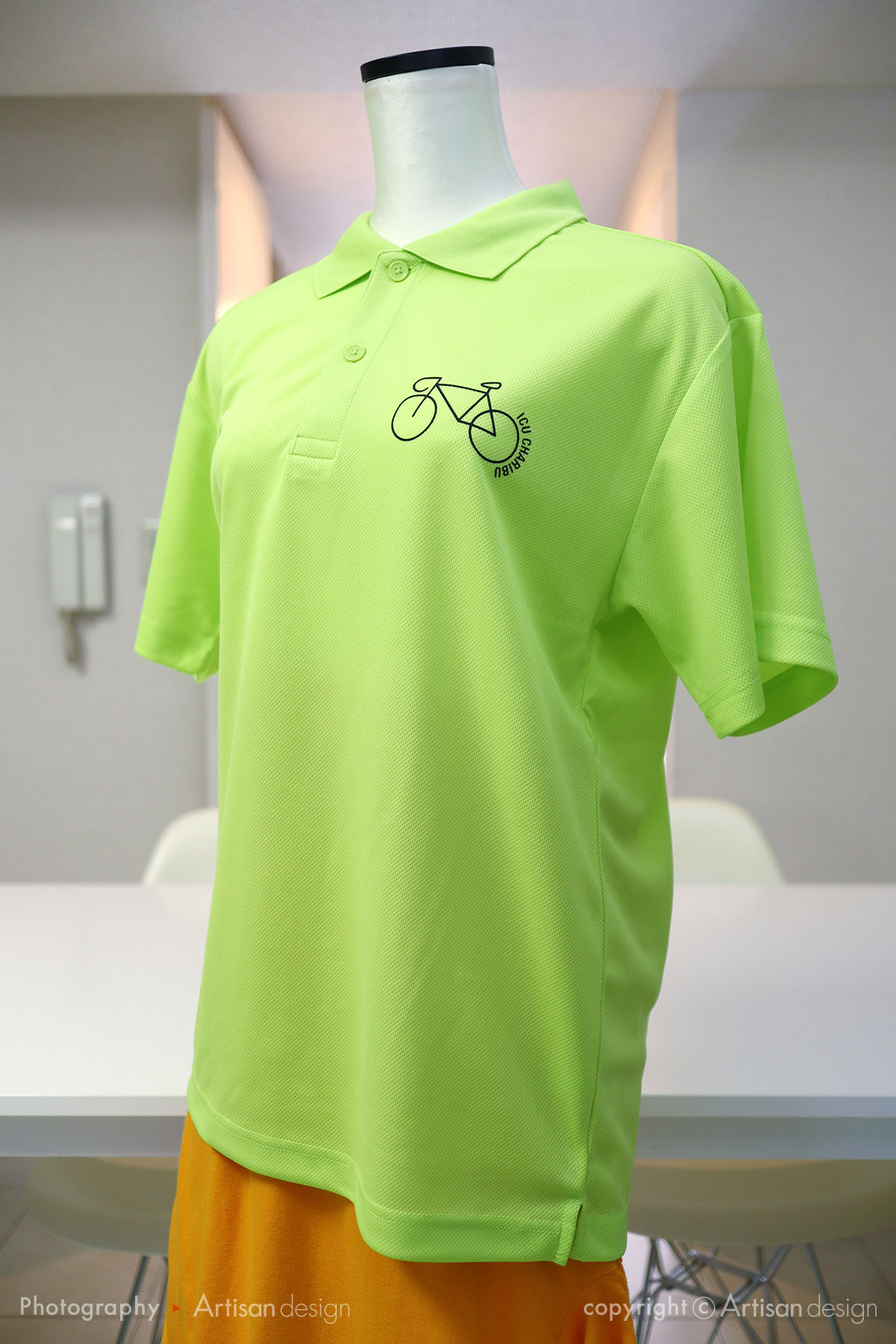 ICU サイクリング部 様｜ドライポロシャツ（自転車サークル・部活）デザイントレース+プリント：蛍光イエロー色（前面）