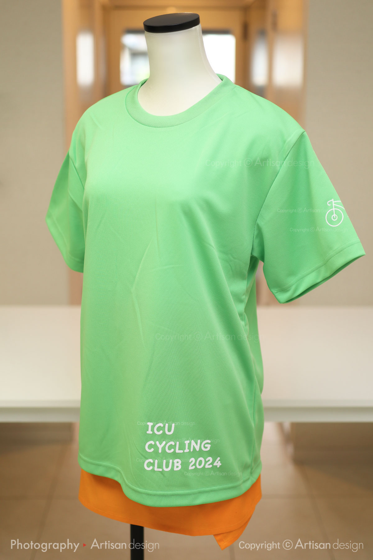 ICU サイクリング部 様｜Tシャツ（自転車サークル・部活）デザイントレース+プリント：黄緑色（前面）