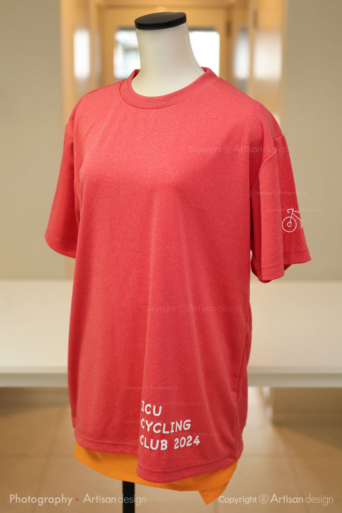 ICU サイクリング部 様｜Tシャツ（自転車サークル・部活）デザイントレース+プリント：サーモンピンク色（前面）